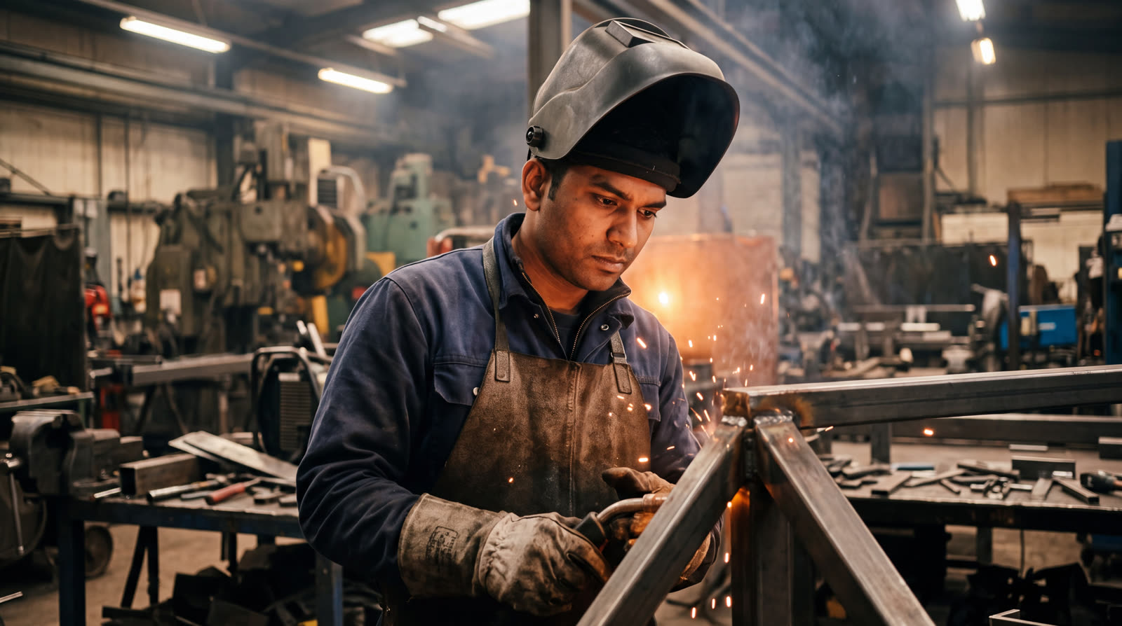 A South Asian metalworker in a leather apron and face shield works a joint with sparks flying, workshop machinery behind him.